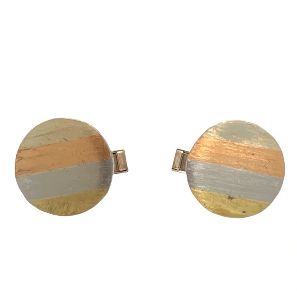 VINTAGE ALPACA MADE IN MEXICO 4 METAL COLOR STRIPE ROUND CUFFLINK